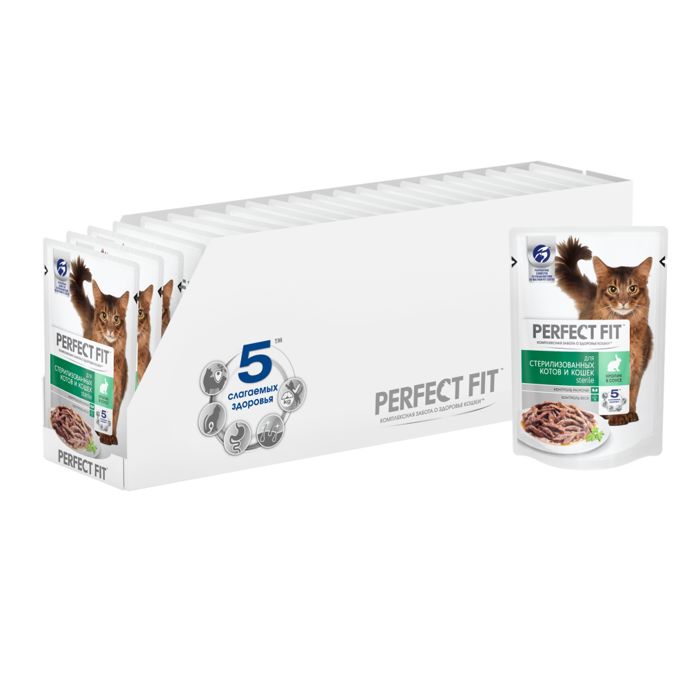 Влажный корм Perfect Fit Sterile для стерилизованных кошек, с кроликом в соусе, 28 шт x 75 г