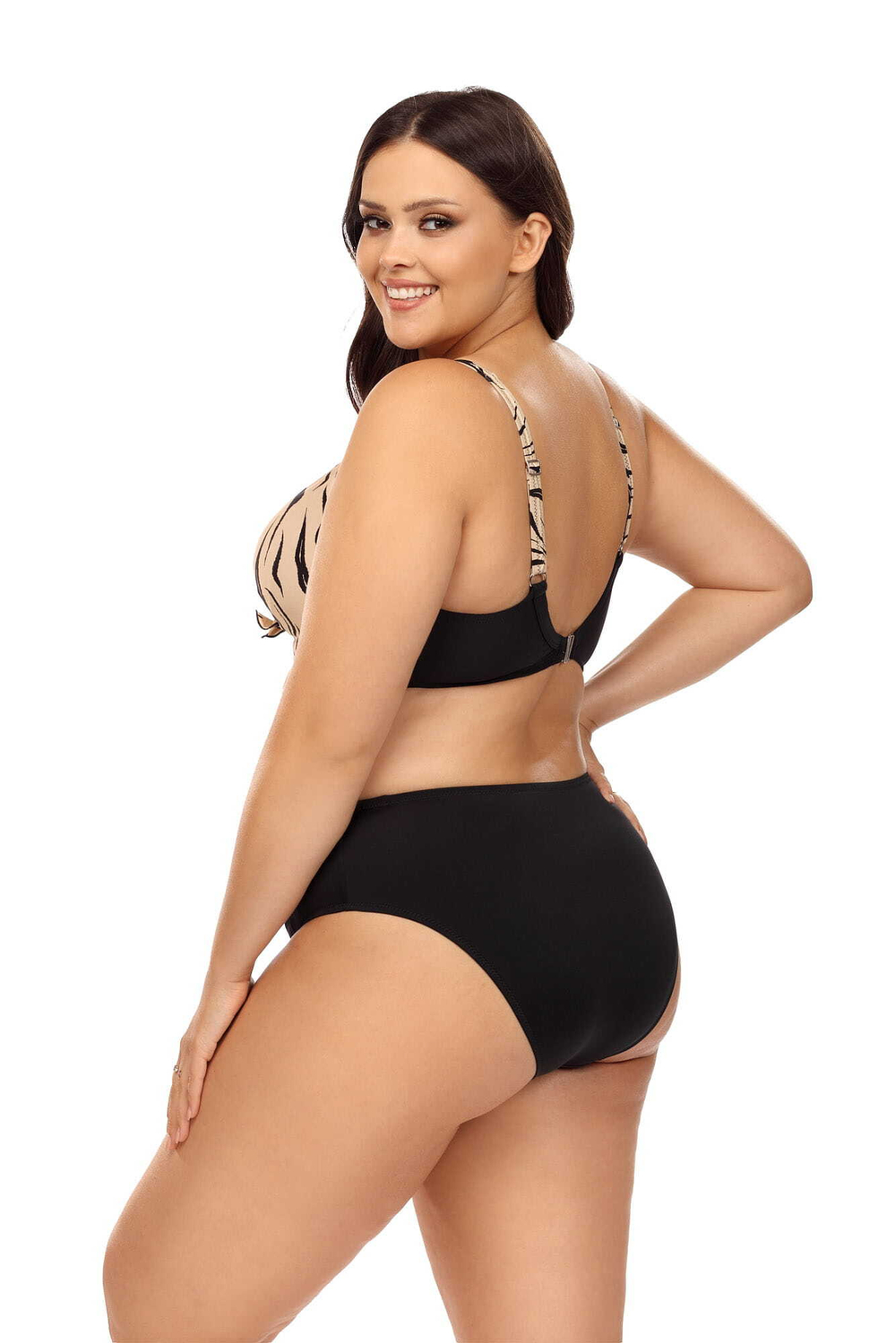 Раздельный купальник plus size с анималистическим принтом на лифе (Размер: 80F/40) (Цвет: бежевый с черным)