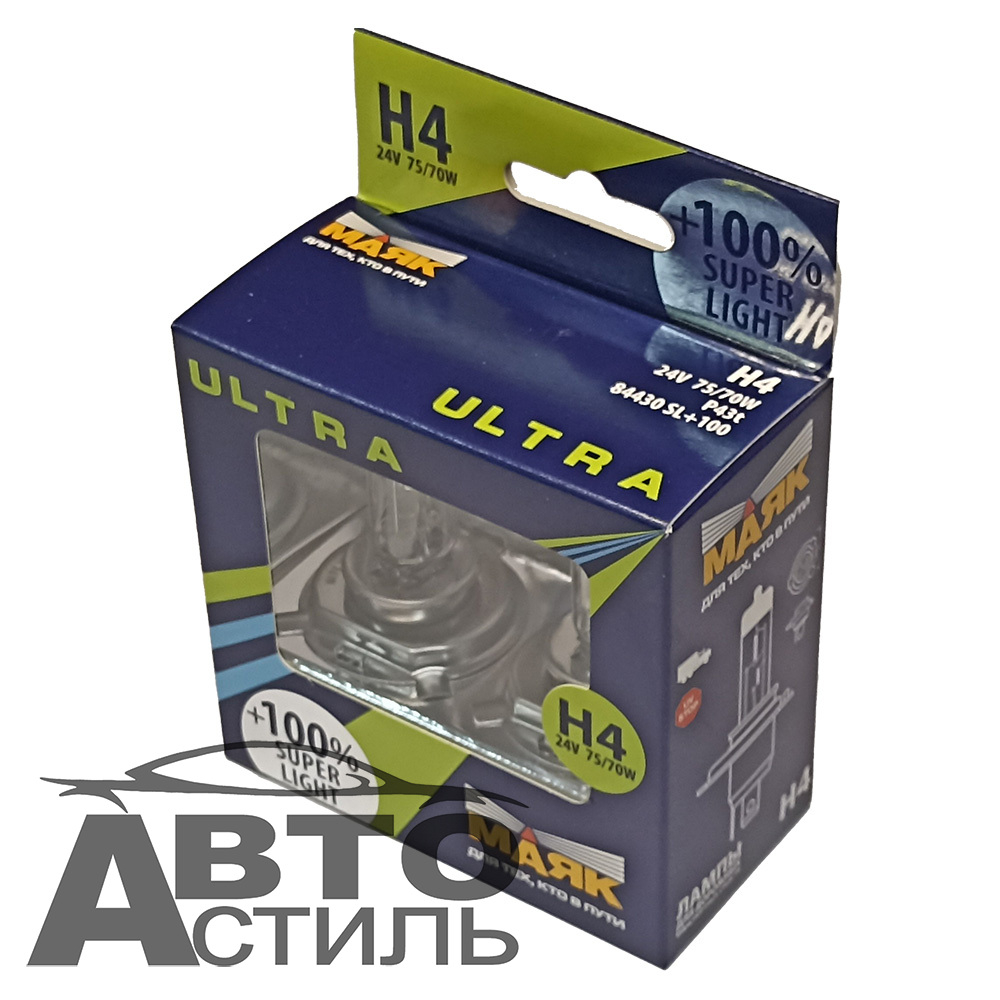 Автолампа H4 24V 75/70W P43t Маяк +100% Super Light  84430SL+100 (к-т)