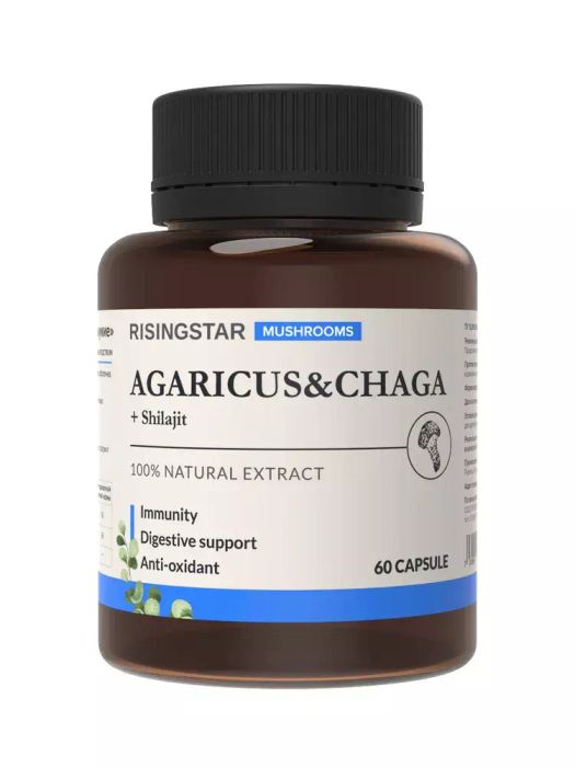 Агарикус гриб с чага и мумие, Agaricus &amp; Chaga, Risingstar, 60 капсул