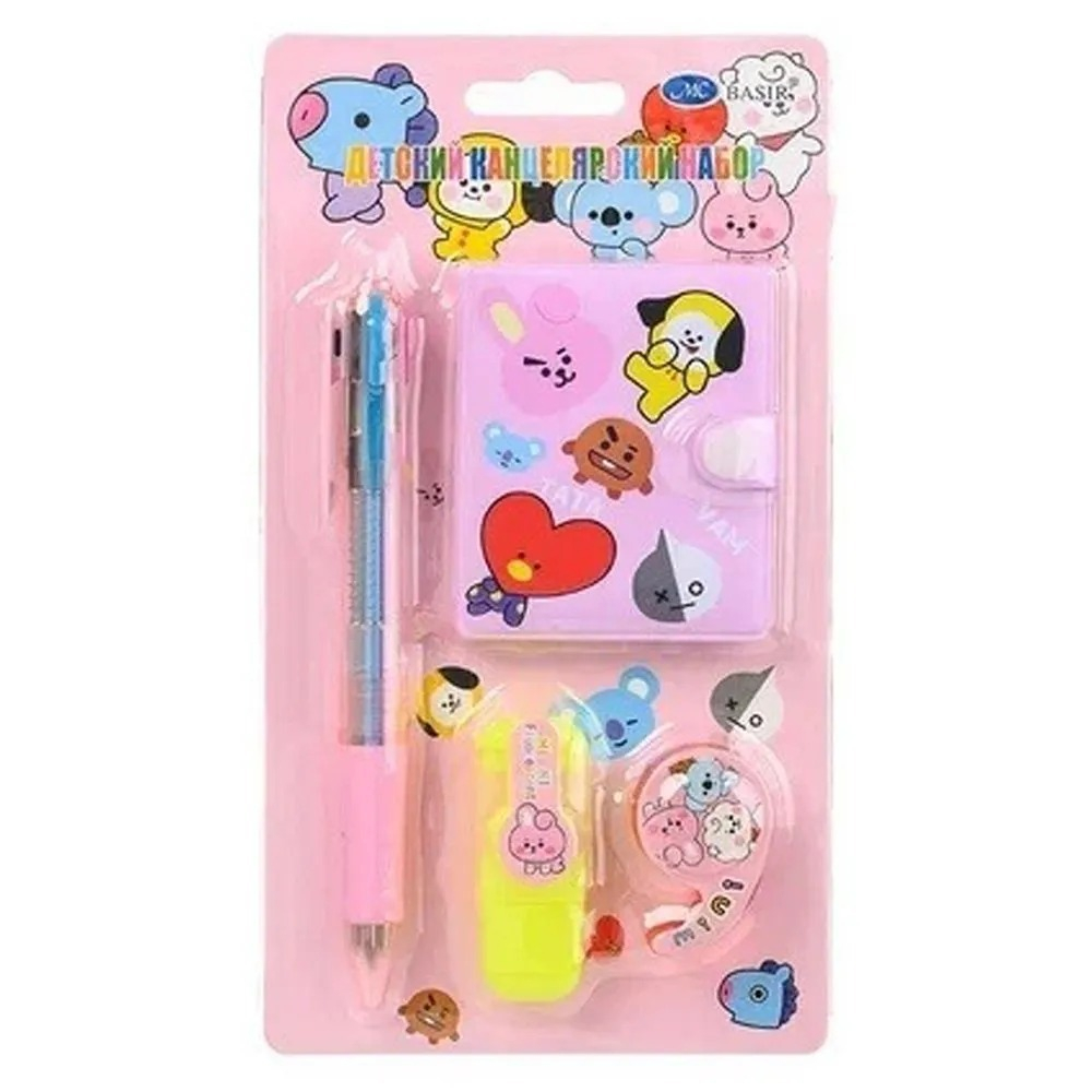 Канцелярский набор детский с текстовыделителем, 3-х цветной ручкой и блокнотом, MC-Basir, подарочный набор канцелярских принадлежностей для школы