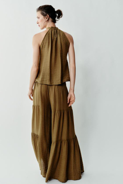 ZARA ТОП С ГОРЛОВИНОЙ ХАЛТЕР И СБОРКАМИ, ОЛИВКОВЫЙ