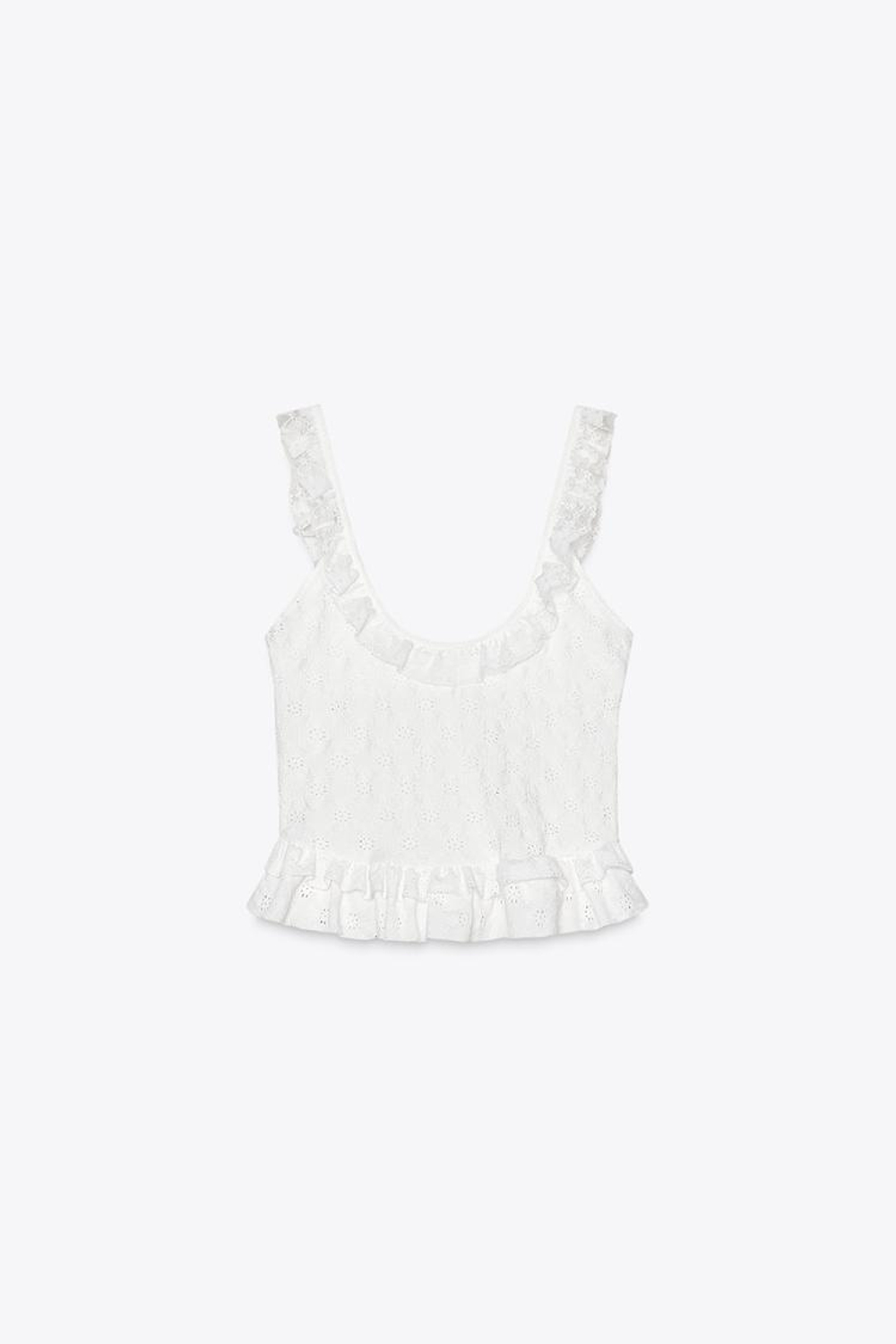 ZARA КРУЖЕВНОЙ ТОП С ВОЛАНАМИ, БЕЛЫЙ