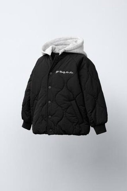 ZARA СТЕГАНЫЙ БОМБЕР С КАПЮШОНОМ WATER REPELLENT, ЧЕРНЫЙ