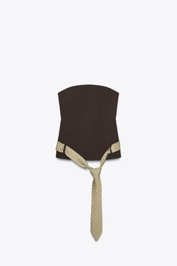 ZARA ТОП БЕЗ БРЕТЕЛЕЙ С РЕМНЕМ-ГАЛСТУКОМ, КОРИЧНЕВЫЙ