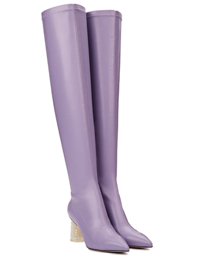 Женские сиреневые ботфорты с жемчужным каблуком