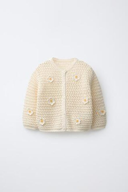 ZARA КАРДИГАН ИЗ КРУЖЕВА КРОШЕ С РОМАШКАМИ, ЭКРЮ