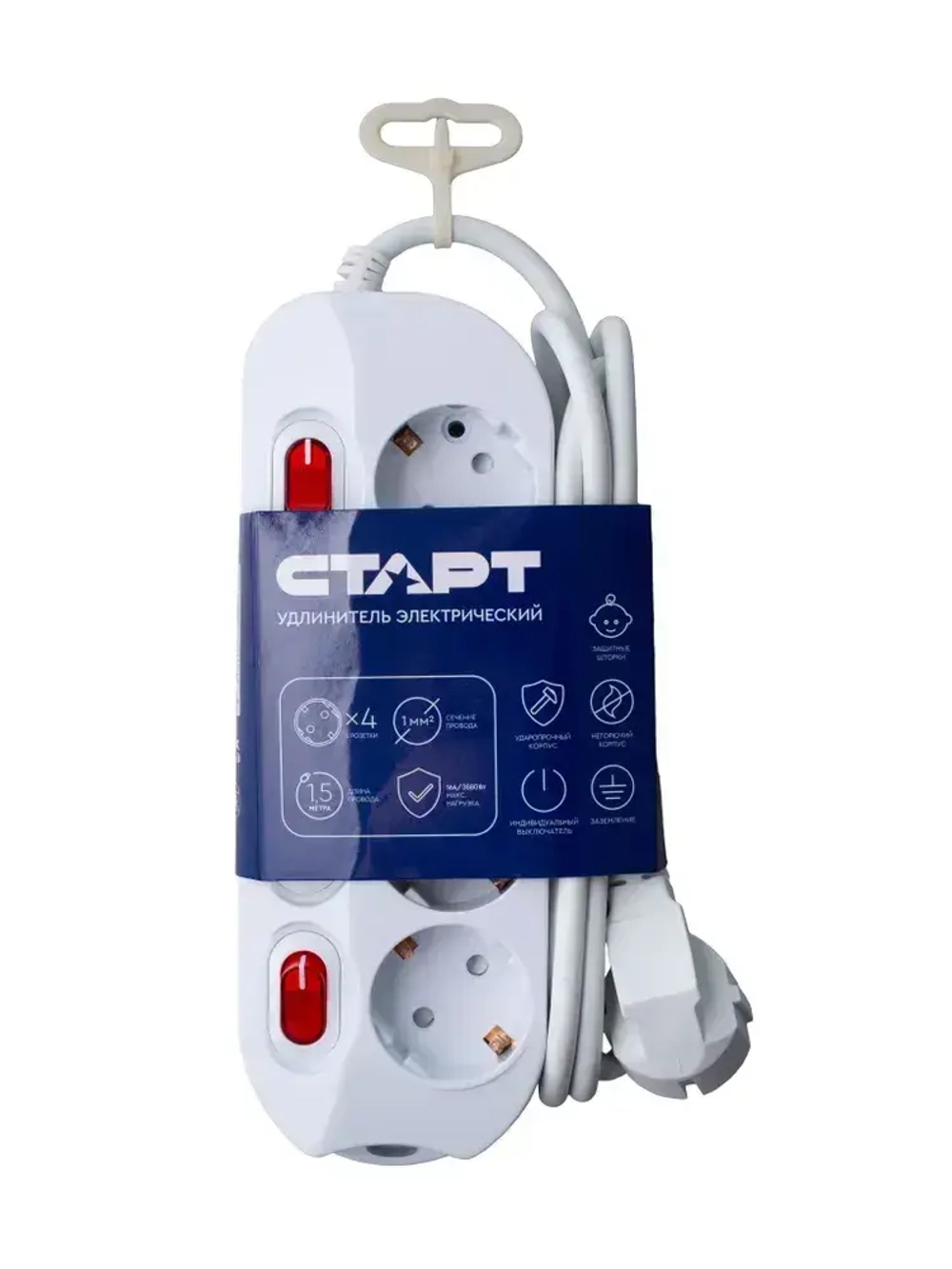 Удлинитель сетевой бытовой c заземлением 1,5м 4 розетки, 16А, 3680Вт защита от детей
