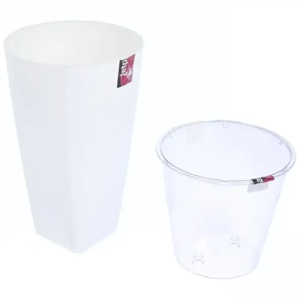 Кашпо для цветов пластиковое 1,3л d-12,5см «Грейс» белое с фитильным поливом и вставкой