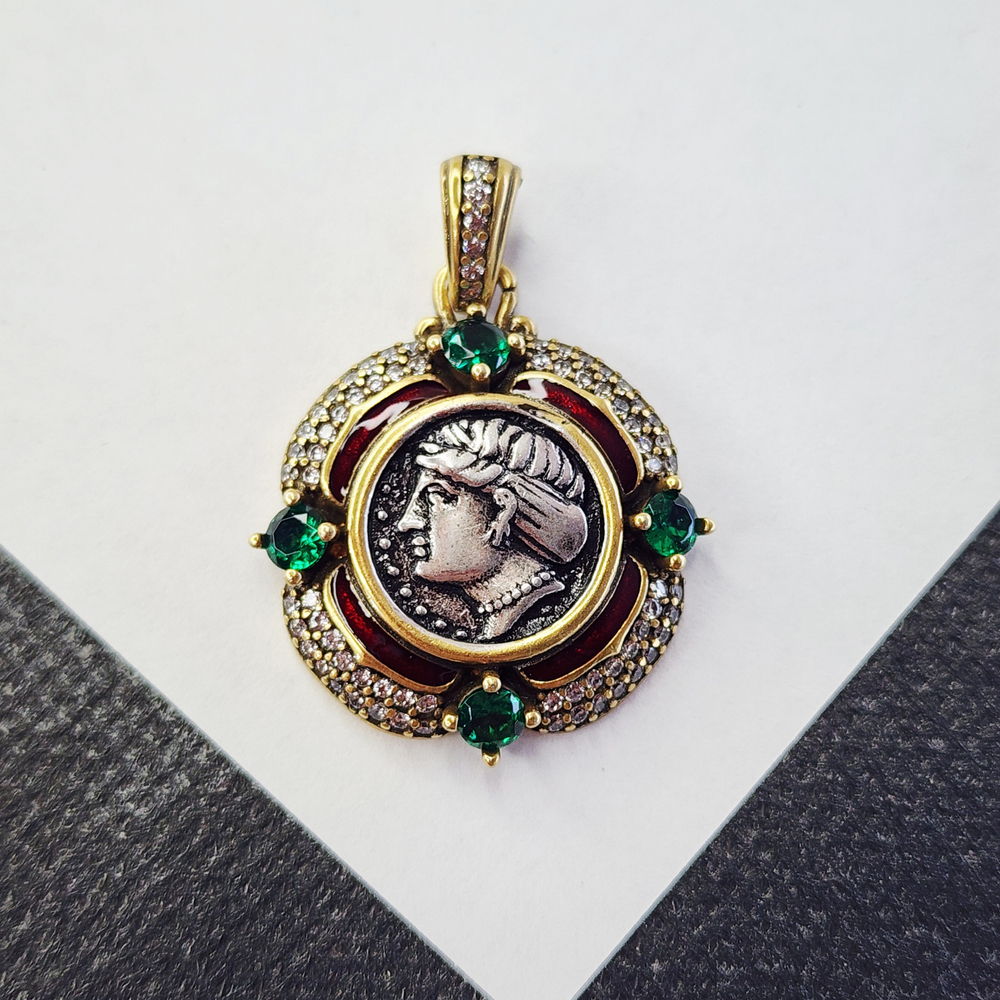 Подвеска, латунь чистая с серебрением, ювелирное стекло, монета, р-р 29 мм, штучно