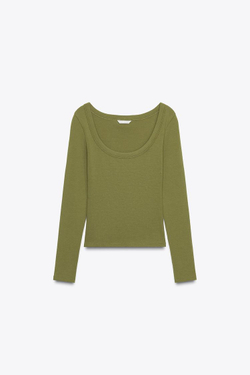 ZARA ФУТБОЛКА В РУБЧИК С ДЛИННЫМИ РУКАВАМИ, ЗЕЛЕНЫЙ