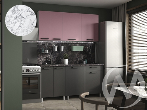 Кухня Кьяра 1.6м (корпус белый/карбон сакура; карбон вулкан) 38мм мрамор итальянский