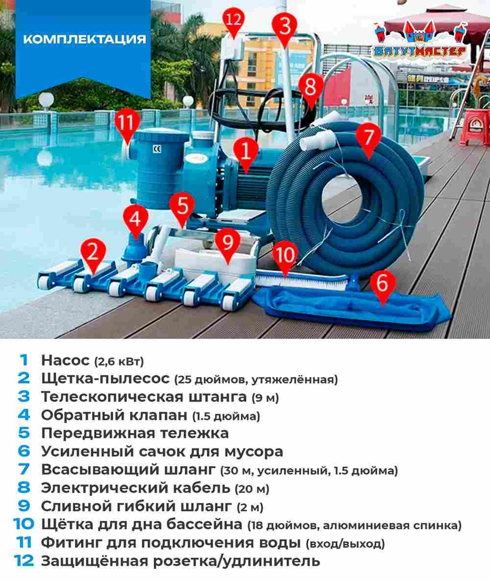 Набор для чистки бассейна с насосом 2,6 кВт и пылесосом — до 700 м²