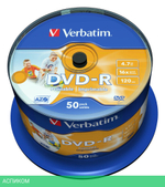 DVD-R диск Verbatim 4,7GB 16x Cake Box InkJet Printable (43533)