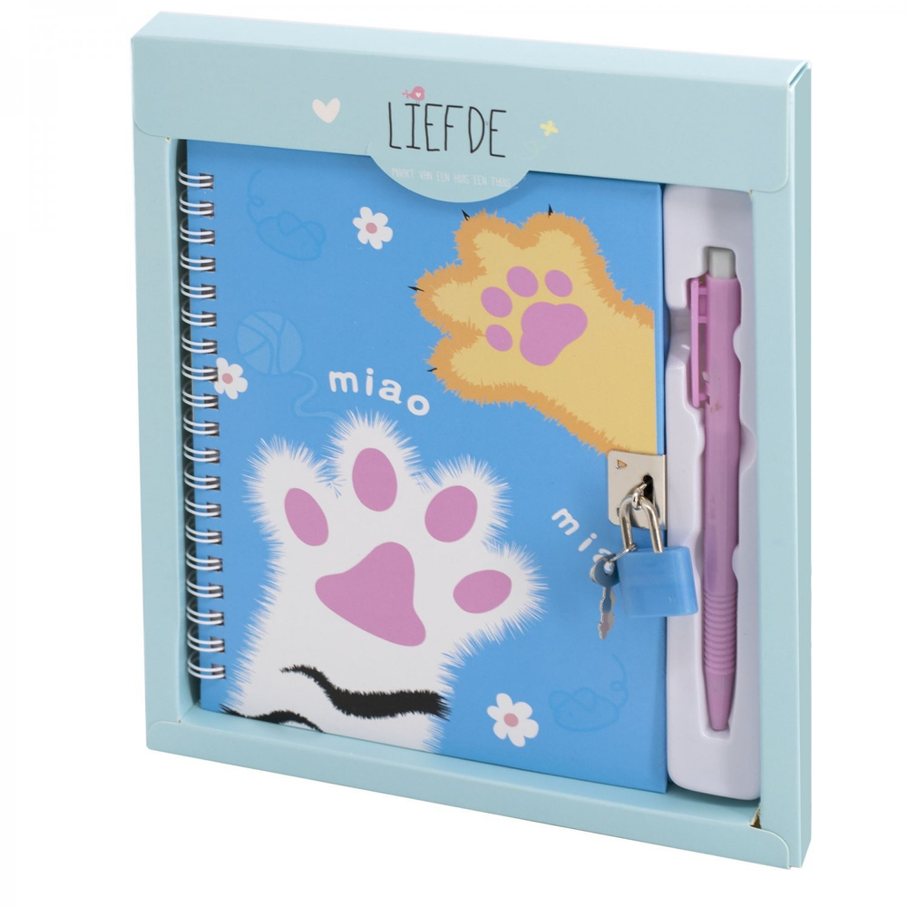 Блокнот в футляре, 18 см * 22 см, гребень, Alingar, мат.ламин, ручка, замочек, диз. блок, линия, 45 л., "Лапки", голубой