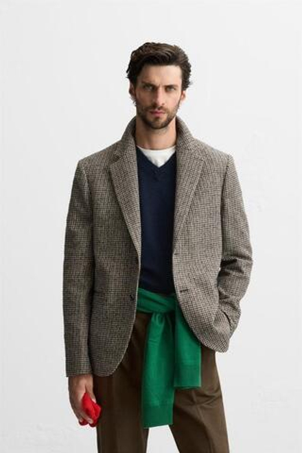 ZARA БЛЕЙЗЕР С УЗОРОМ «ГУСИНАЯ ЛАПКА», ПЕСОЧНЫЙ/ЧЕРНЫЙ