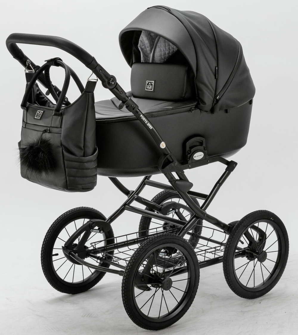 Детская коляска Adamex Porto Retro Deluxe 3 в 1 PO-SA02  (ЧЕРН.КОЖА)