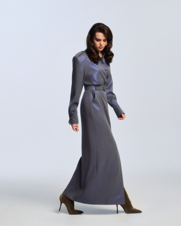 ПЛАТЬЕ ИЗ СИНЕЙ КОСТЮМНОЙ ТКАНИ С ЛЮРЕКСНЫМ НАПЫЛЕНИЕМ