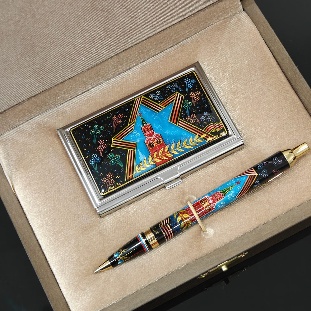 Набор "Кремль. Звезда" с визитницей и ручка c роспись. Палех