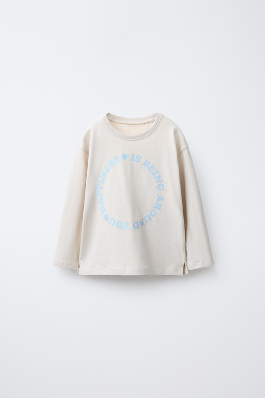 ZARA ФУТБОЛКА С БЛЕСТЯЩИМ ТЕКСТОВЫМ ПРИНТОМ, ЖЕМЧУЖНЫЙ МЕЛАНЖ