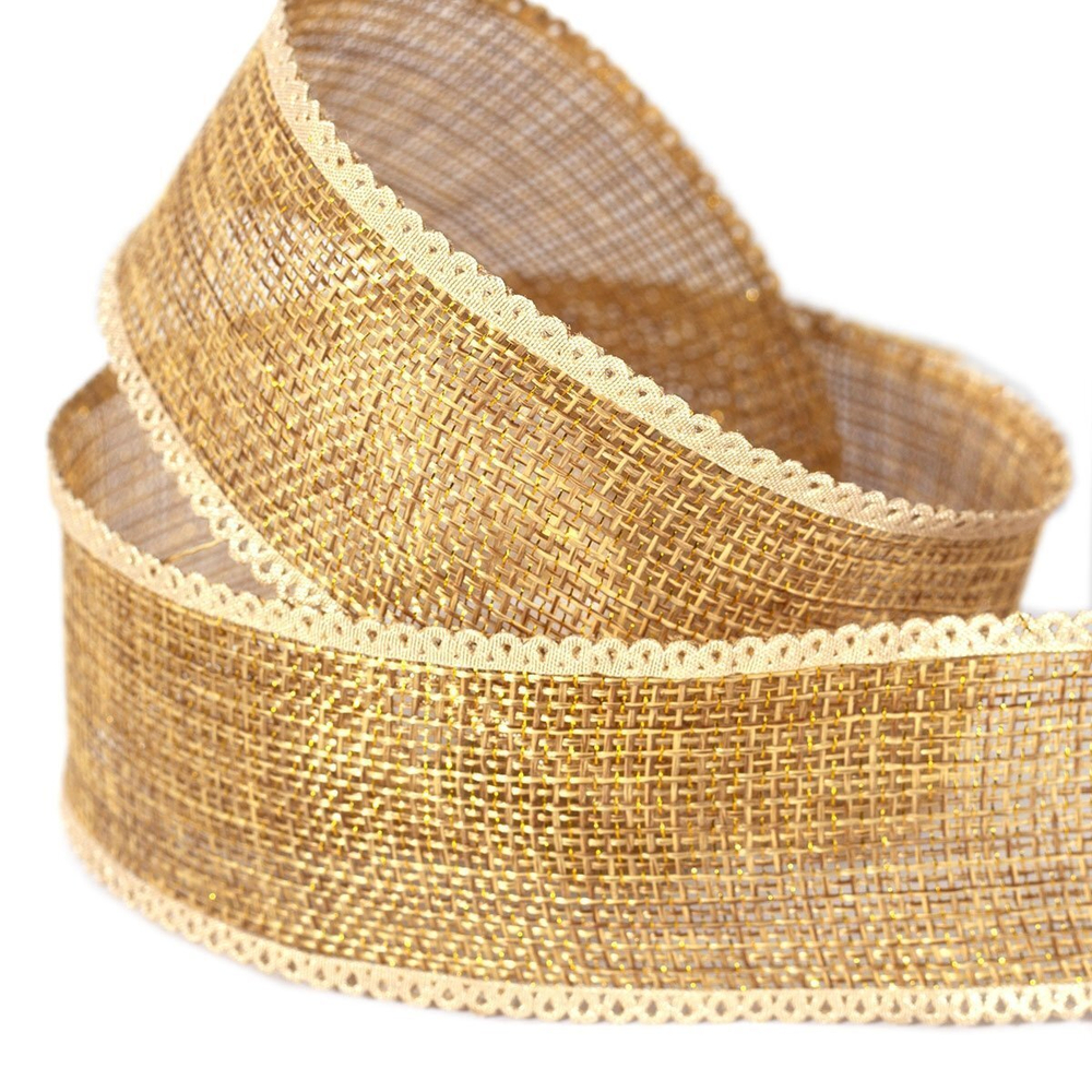 Декоративная лента капроновая для рукоделия, упаковки и флористики, 4 см, намотка 25 ярдов, золотой, дизайн сетка