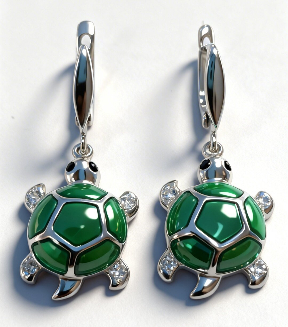 Ювелирные серьги из серебра 925 пробы с эмалью"Черепаха"