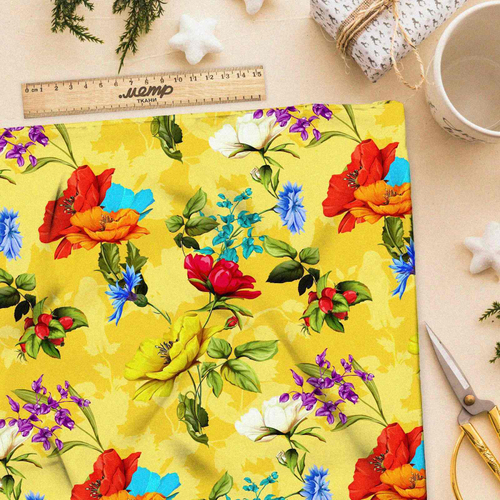 Ткань таффета цветы на желтом фоне