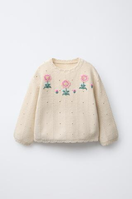 ZARA ТРИКОТАЖНЫЙ ДЖЕМПЕР С ВЫШИВКОЙ В ВИДЕ ЦВЕТОВ, ЭКРЮ