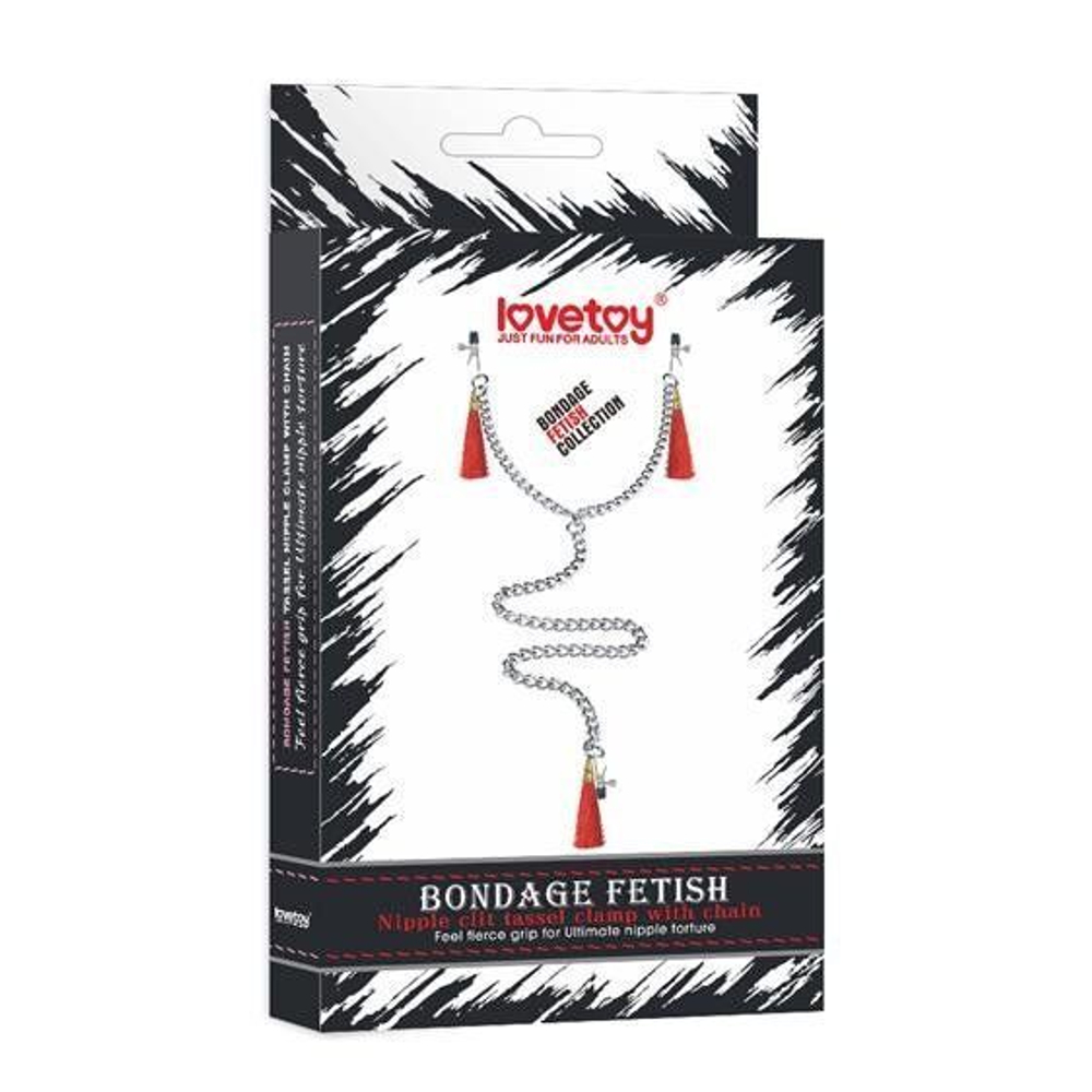 Зажимы на соски и клитор с игривыми красными кисточками Nipple Clit Tassel Clamp With Chain (Цвет: красный)