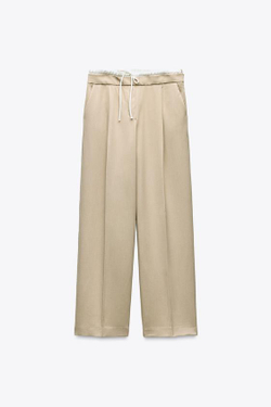 ZARA БРЮКИ WIDE LEG С ДВОЙНЫМ ПОЯСОМ, ПЕСОЧНЫЙ