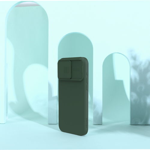 Чехол с MagSafe и с шелковистым покрытием темно-зеленого цвета (Foggy Green) от Nillkin для iPhone 15 Pro, серия CamShield Silky Magnetic Silicone Case