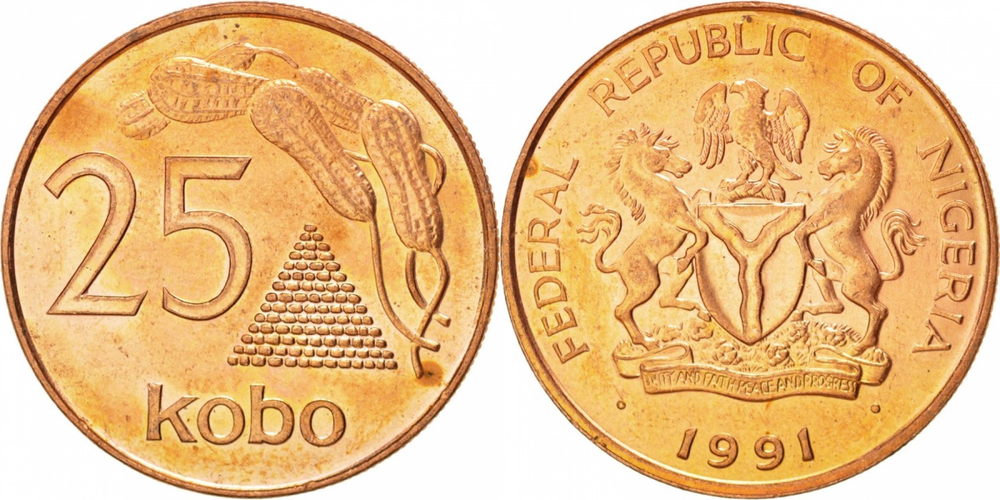 Нигерия 25 кобо, 1991 Арахис XF