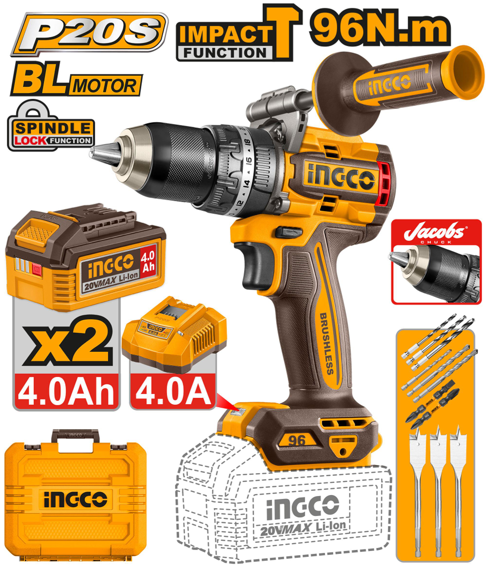 Аккумуляторный бесщёточный ударный шуруповерт INGCO CIDLI209686 INDUSTRIAL 20 В 96 Нм
