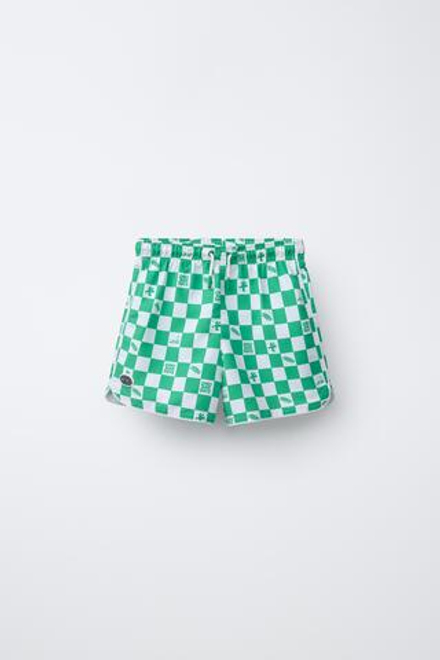 ZARA ПЛАВКИ-БЕРМУДЫ В ШАХМАТНУЮ КЛЕТКУ С ЛОГОТИПОМ, ЗЕЛЕНЫЙ