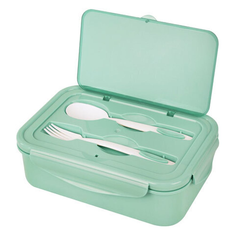 Ланч-бокс контейнер, 2 секции, 3+1 отделение, 1,4 л, ложка, вилка, 7х21х14 см, мятный, JOYLUX (ДЖОЙЛЮКС), 609347