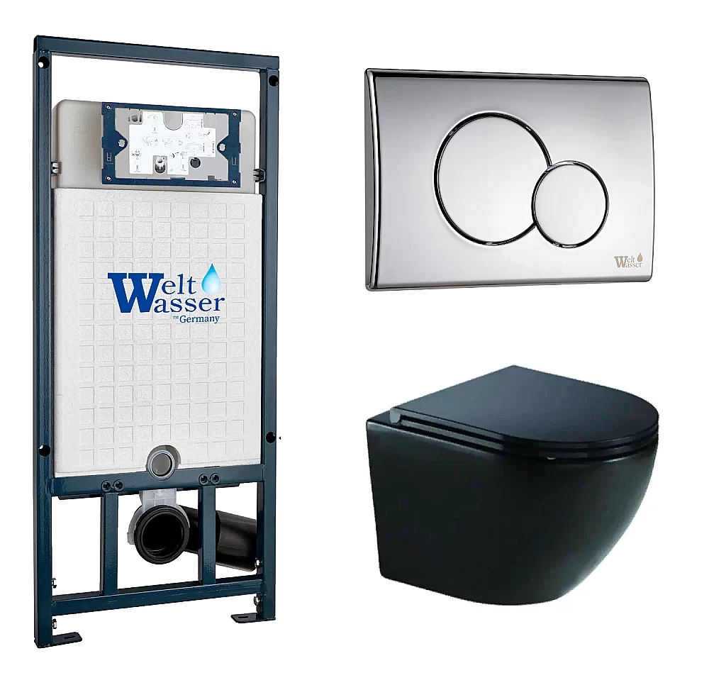 Унитаз подвесной WeltWasser MARBERG 507 + MERZBACH 043 GL-BL + MAR 507 RD-CR черный глянцевый, безободковый, с крышкой микролифт, слив-торнадо, с инсталляцией и кнопкой хром