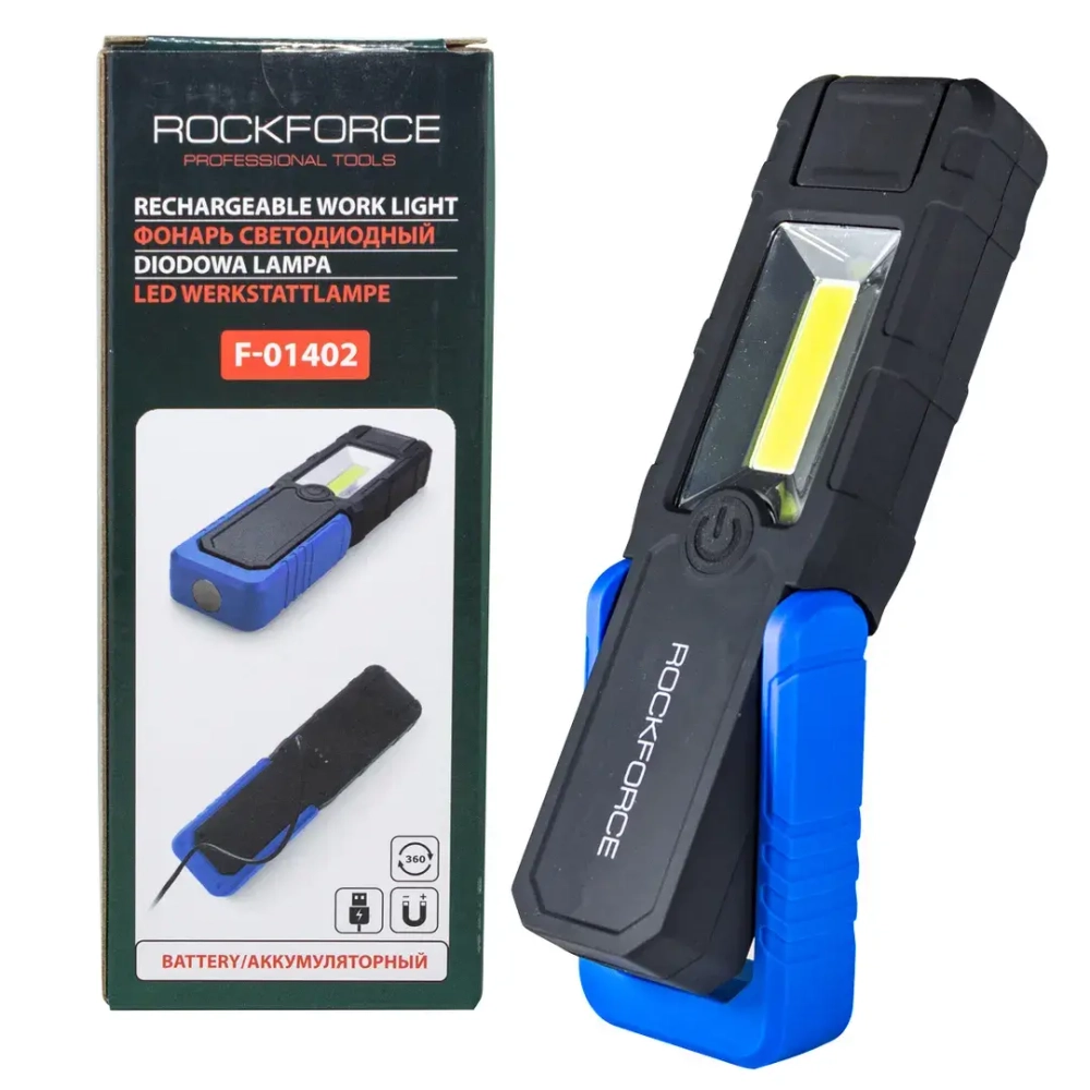 Лампа светодиодная аккумуляторная(5W COB+1W,магнит,180гр.,250Lm,2000mAh,USB провод,время раб.3ч,время заряд.2-3ч,защита гнезда зарядки) RockForce##Rock FORCE RF-F-01402