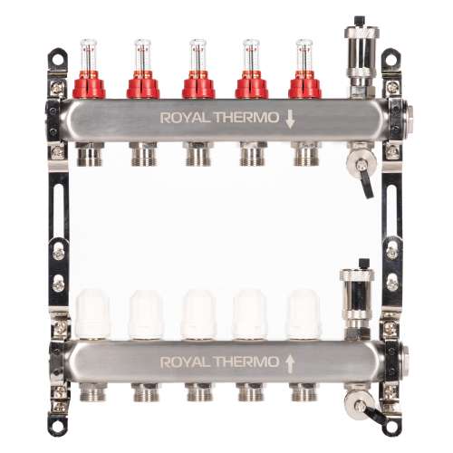 Коллектор Royal Thermo нерж. в сборе с расходомерами 1" ВР-3/4" НР с автомат. воздухоотвод-ми 5 вых.