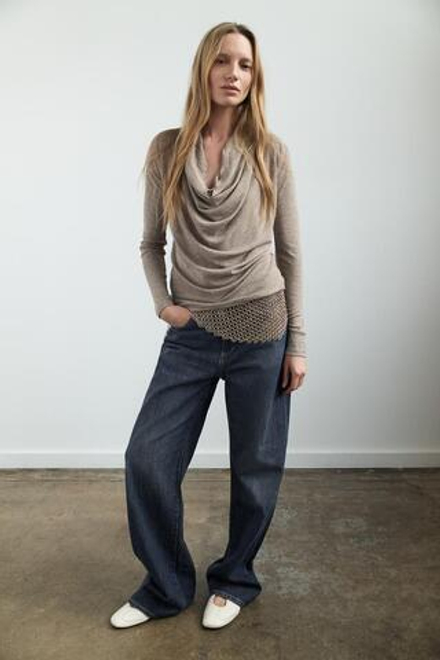 ZARA ФУТБОЛКА С ДРАПИРОВКОЙ, БЕЖЕВЫЙ МЕЛАНЖ