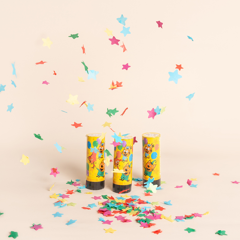 Пружинная хлопушка «Три кота» с тишью в форме звезд, 10 см.