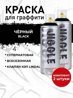 Аэрозольная краска для граффити в баллончике JIGGLE PRO суперматовая, 520 мл, BLACK / Чёрный - 2 шт