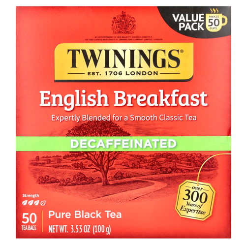 Twinings, чистый черный чай, "Английский завтрак", без кофеина, 50 чайных пакетиков, 100 г (3,53 унции)