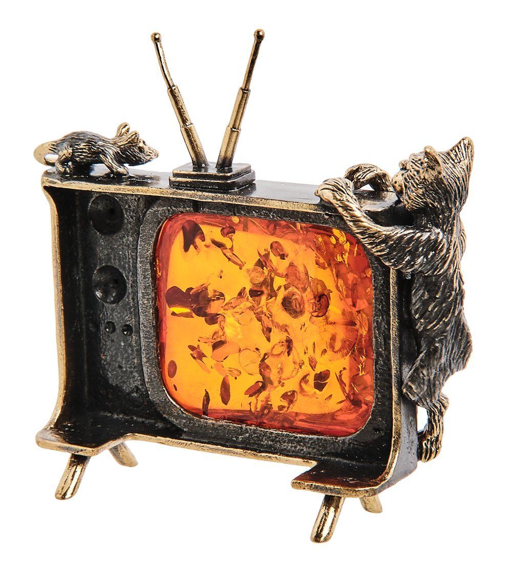 Народные промыслы AM-3056 Фигурка «Кот и мышь на телевизоре» (латунь, янтарь)