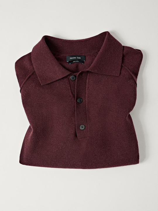 Massimo Dutti Шерстяной свитер с воротником поло, гранатовый