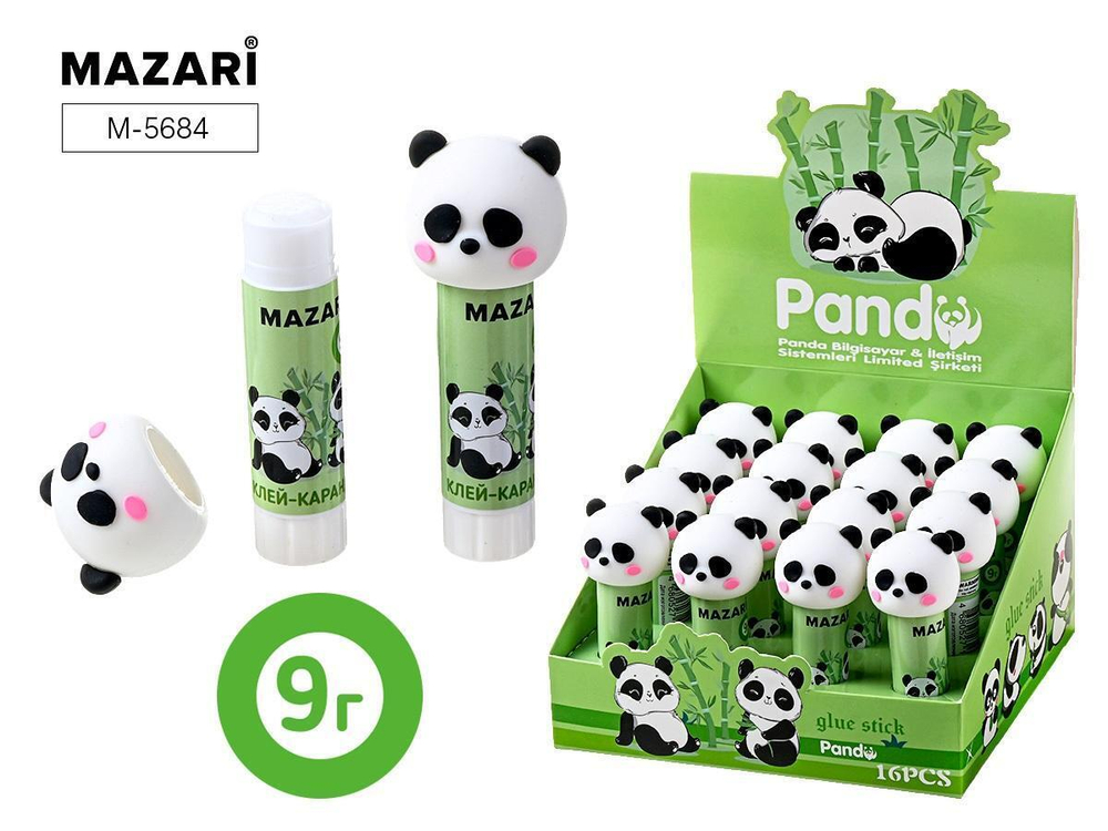 Клей-карандаш ПВА 9г. "Панда" для бумаги, картона, фотографий, ткани (Mazari)