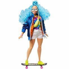 Kukla \ Кукла Barbie Extra Doll with Curly Blue Hair, Skateboard, & 2 Kittens-N