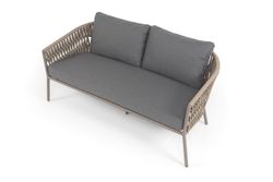 "Комо" диван 2-местный плетеный из роупа, каркас алюминий бежево-серый (RAL7006) муар, роуп серо-коричневый 23мм, ткань темно-серая 027
