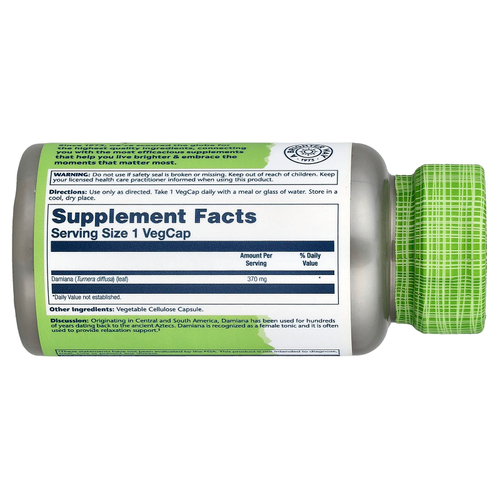 Solaray, True Herbs, дамиана, 370 мг, 100 растительных капсул