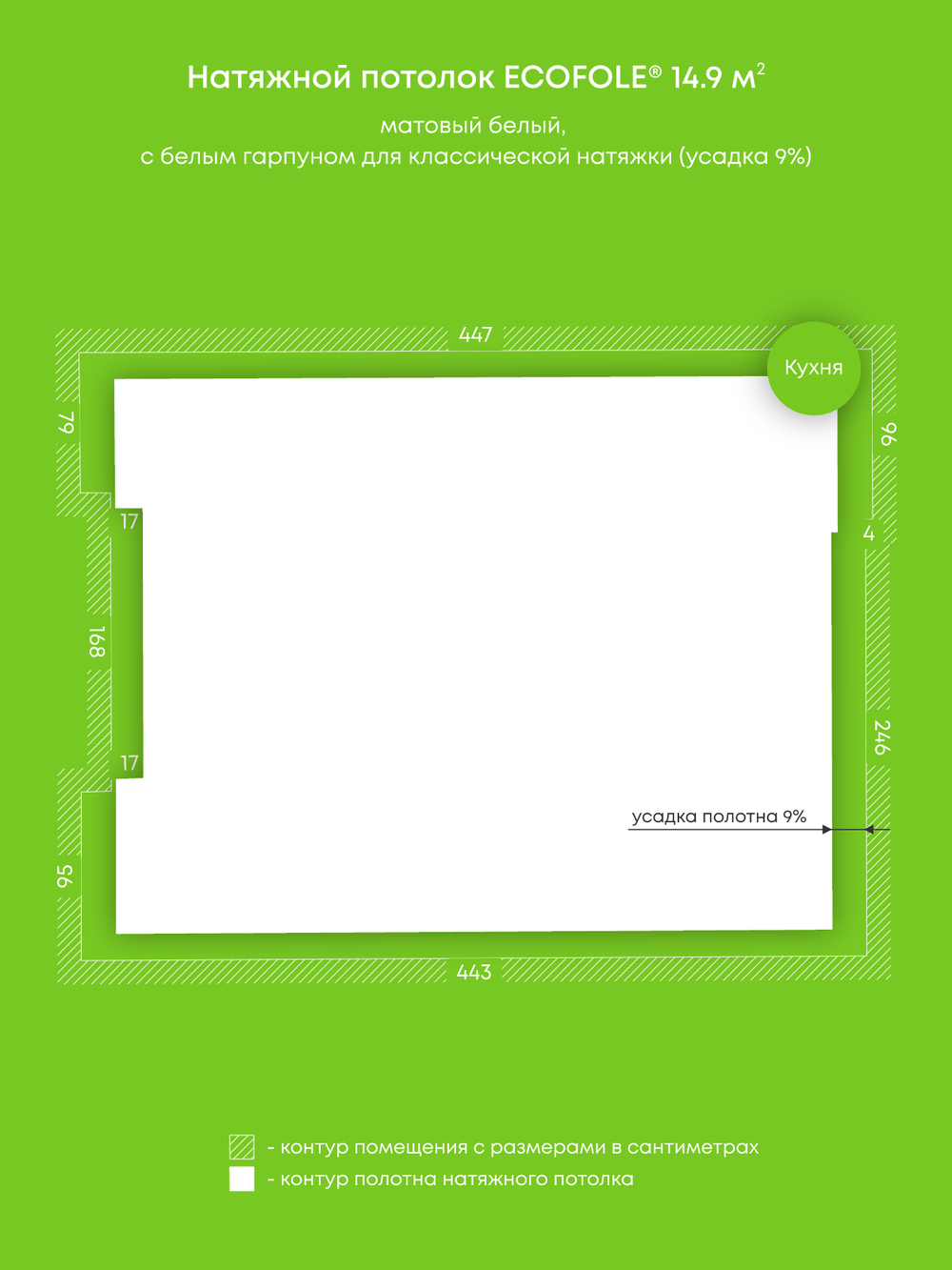 Матовый натяжной потолок 14.9 м2