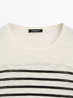 Massimo Dutti Футболка из смесового хлопка в полоску с длинными рукавами, натуральный/кремовый